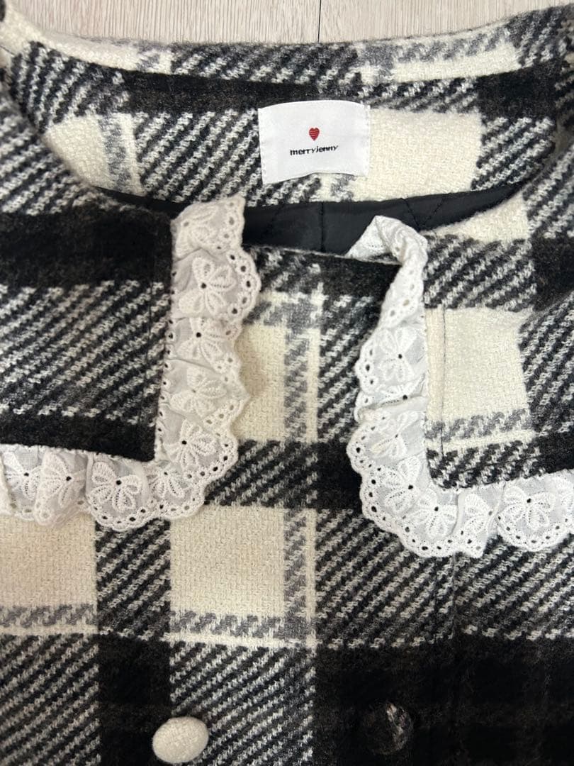 メリージェニー　チェックセーラーカラーAラインコート　ブラック