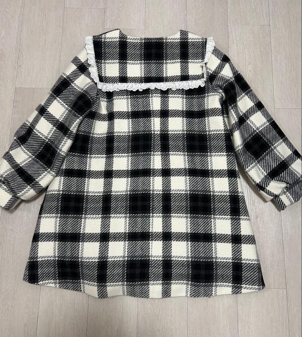 メリージェニー　チェックセーラーカラーAラインコート　ブラック