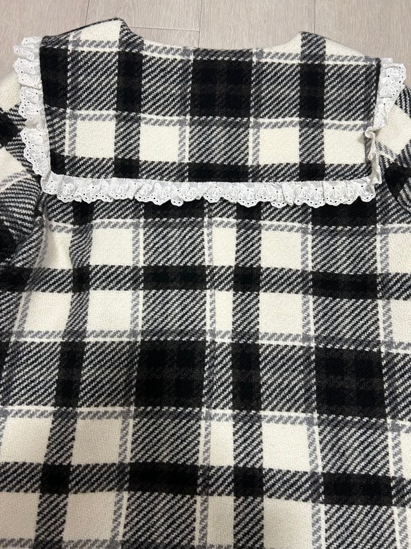 メリージェニー　チェックセーラーカラーAラインコート　ブラック