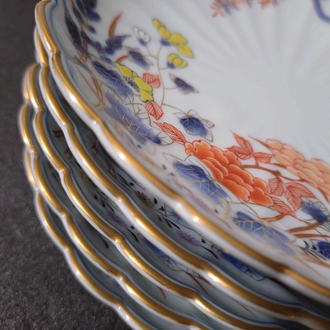 未使用品　有田焼　其泉　染錦君子文　銘々皿揃　金彩　花鳥　菊割皿　中皿　取り皿