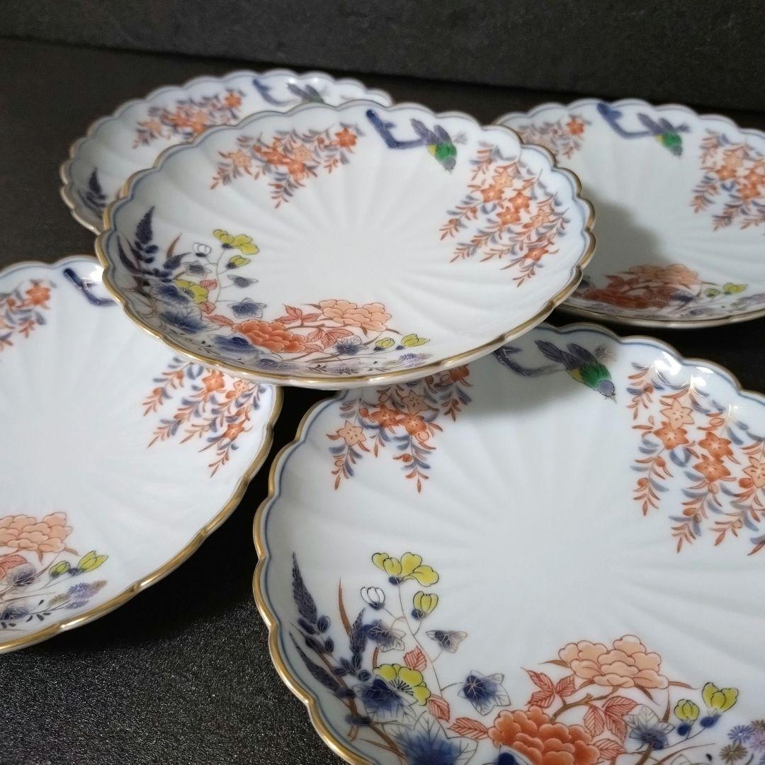 未使用品　有田焼　其泉　染錦君子文　銘々皿揃　金彩　花鳥　菊割皿　中皿　取り皿
