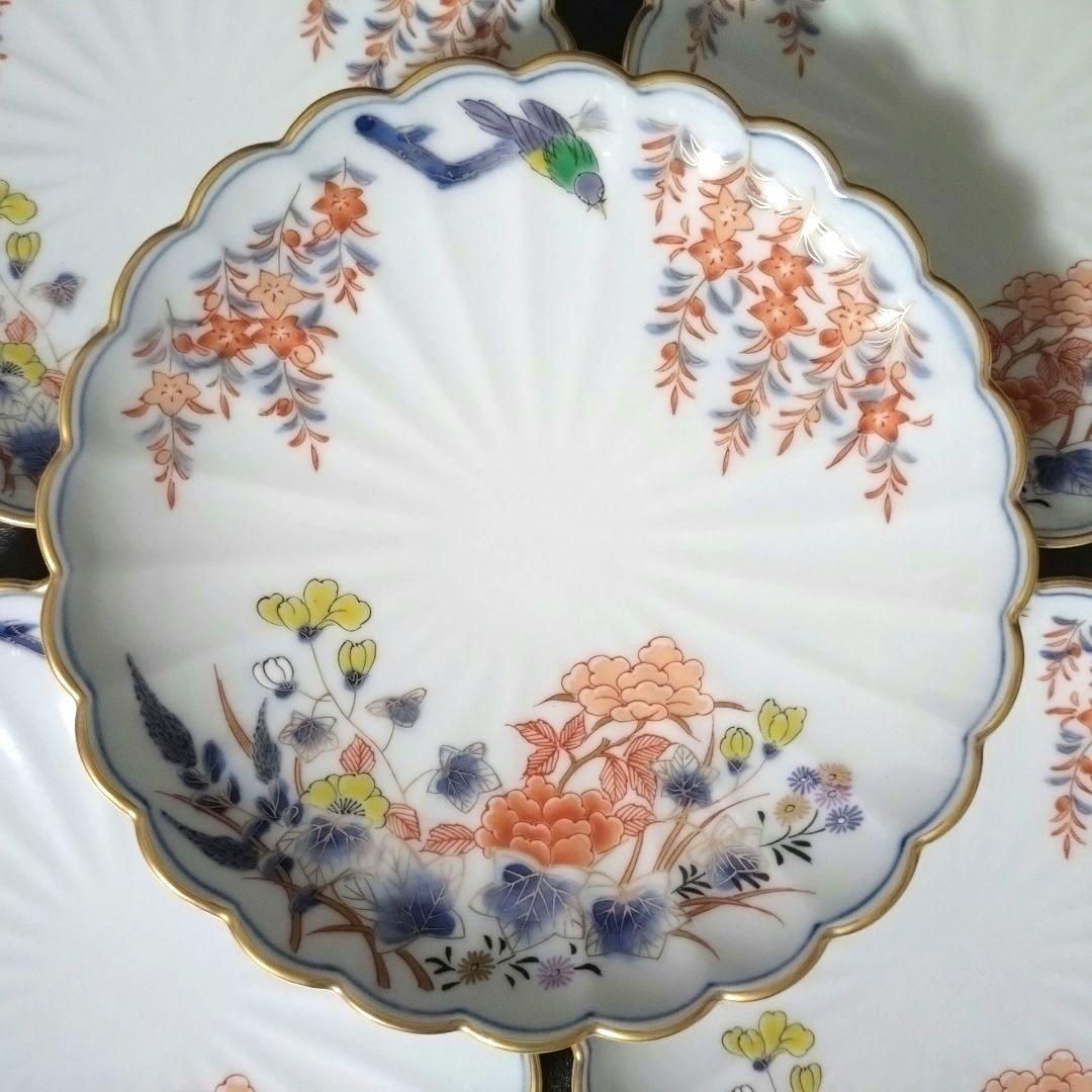 未使用品　有田焼　其泉　染錦君子文　銘々皿揃　金彩　花鳥　菊割皿　中皿　取り皿