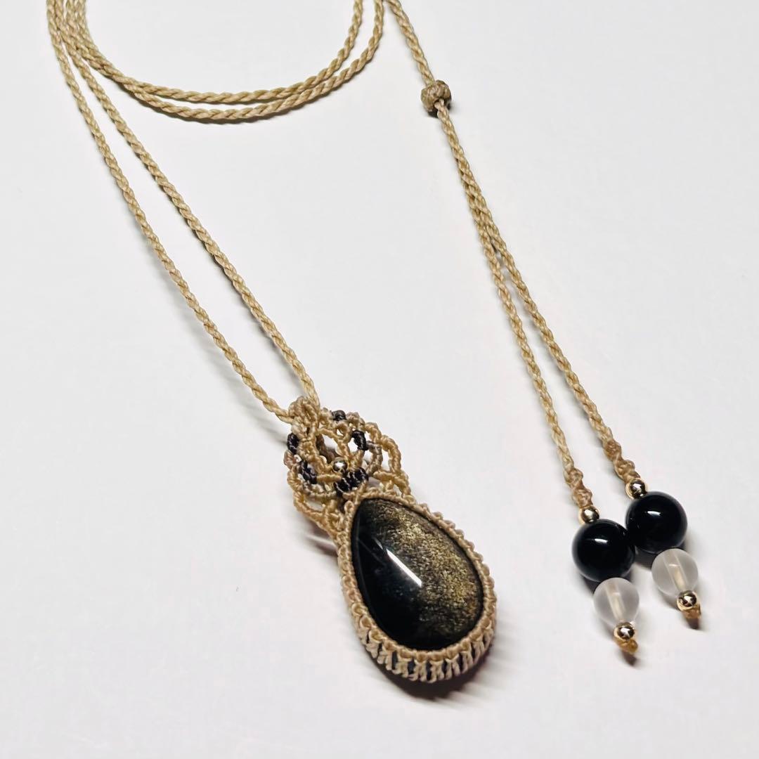 #2053 ♡ゴールドオブシディアン&モリオン&水晶天然石♡マクラメネックレス