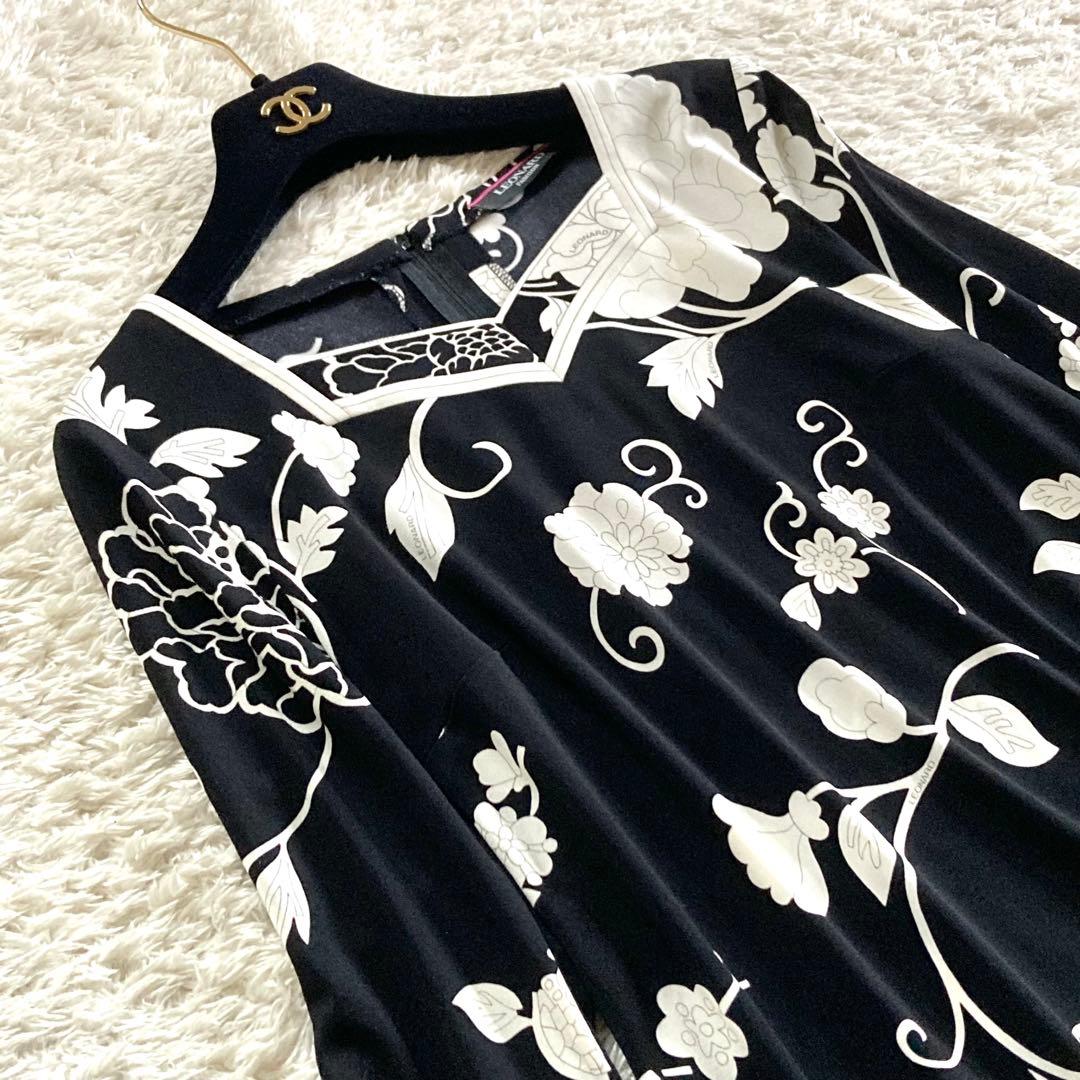 【近年タグ 未使用級】レオナール カンカン チュニック モノトーン 花柄トリム