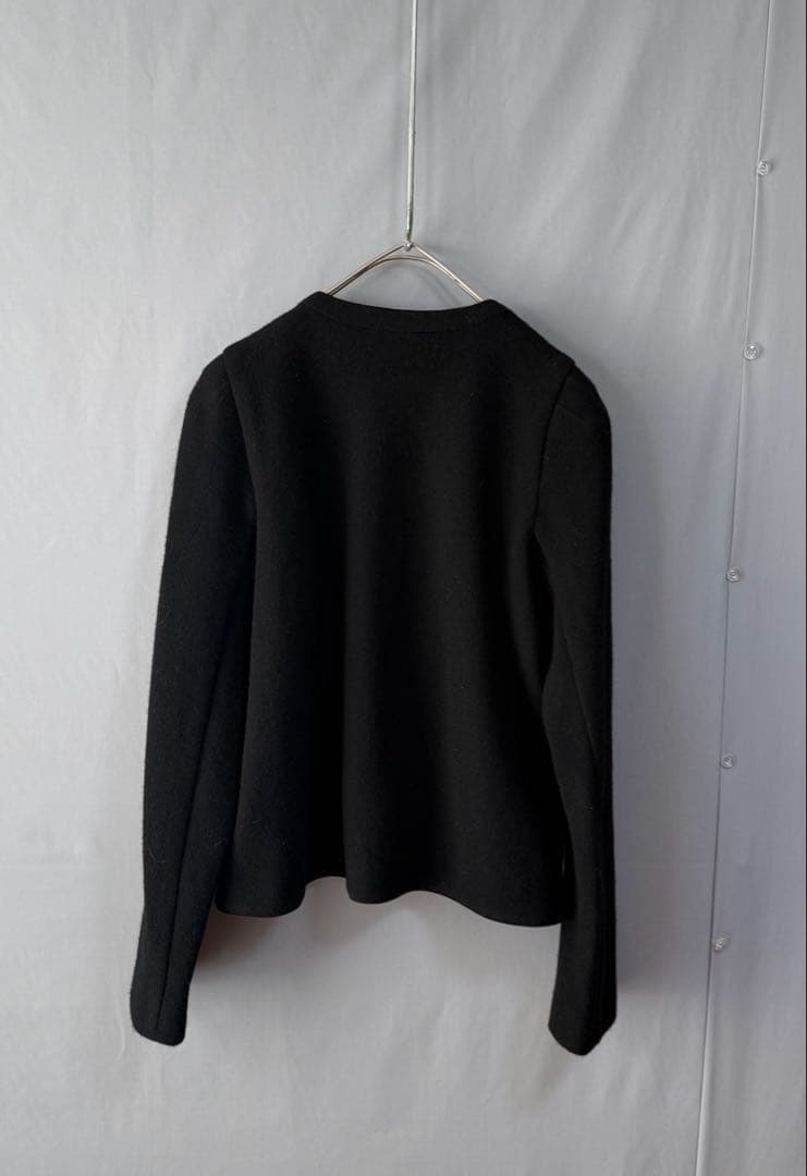 ドゥーズィエムクラス　シルクテープ　ウール混ノーカラージャケット　黒