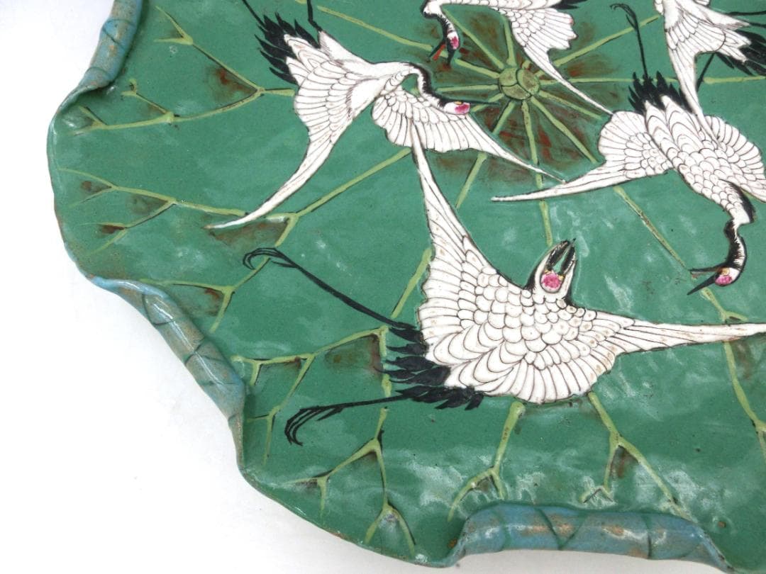 時代物 萬古焼 古萬古 鶴文 蓮型 蓮葉 皿 大皿 良品 骨董 古玩 傷なし