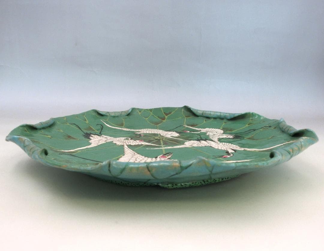 時代物 萬古焼 古萬古 鶴文 蓮型 蓮葉 皿 大皿 良品 骨董 古玩 傷なし