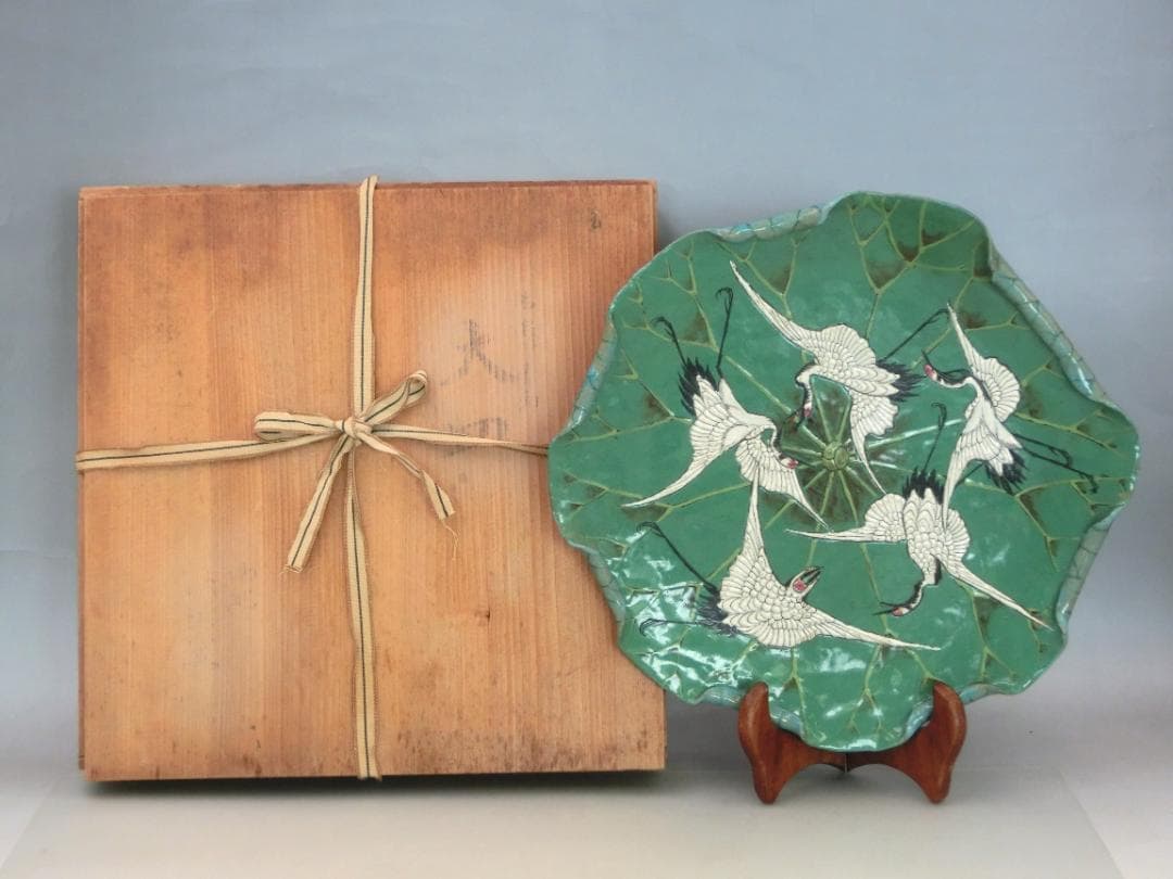 時代物 萬古焼 古萬古 鶴文 蓮型 蓮葉 皿 大皿 良品 骨董 古玩 傷なし
