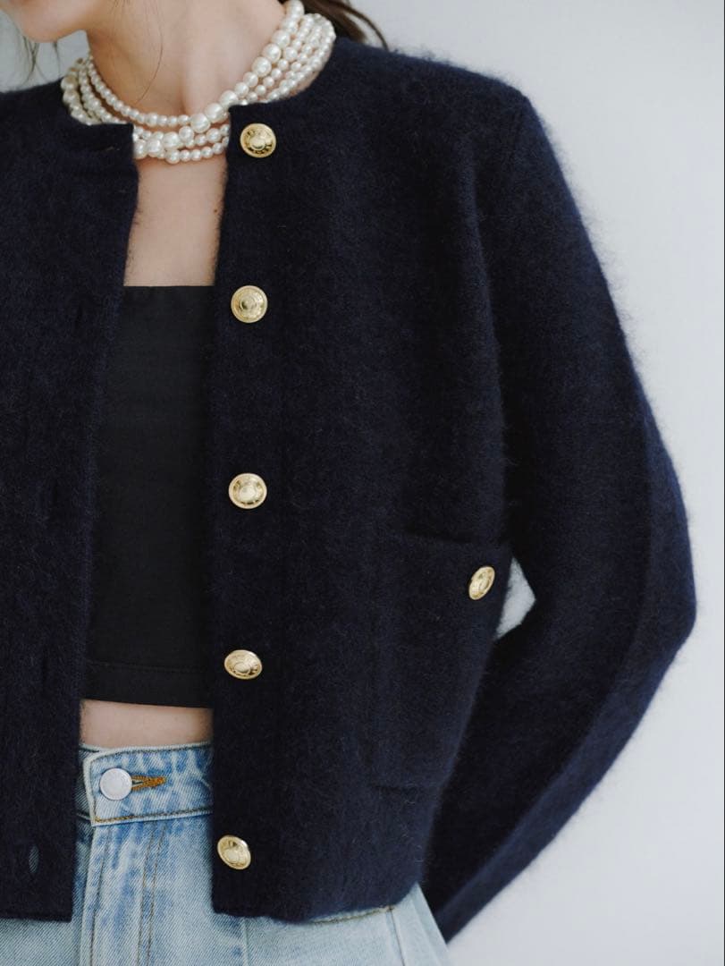 anuans カシミヤブレンドノーカラーニットジャケット アニュアンス