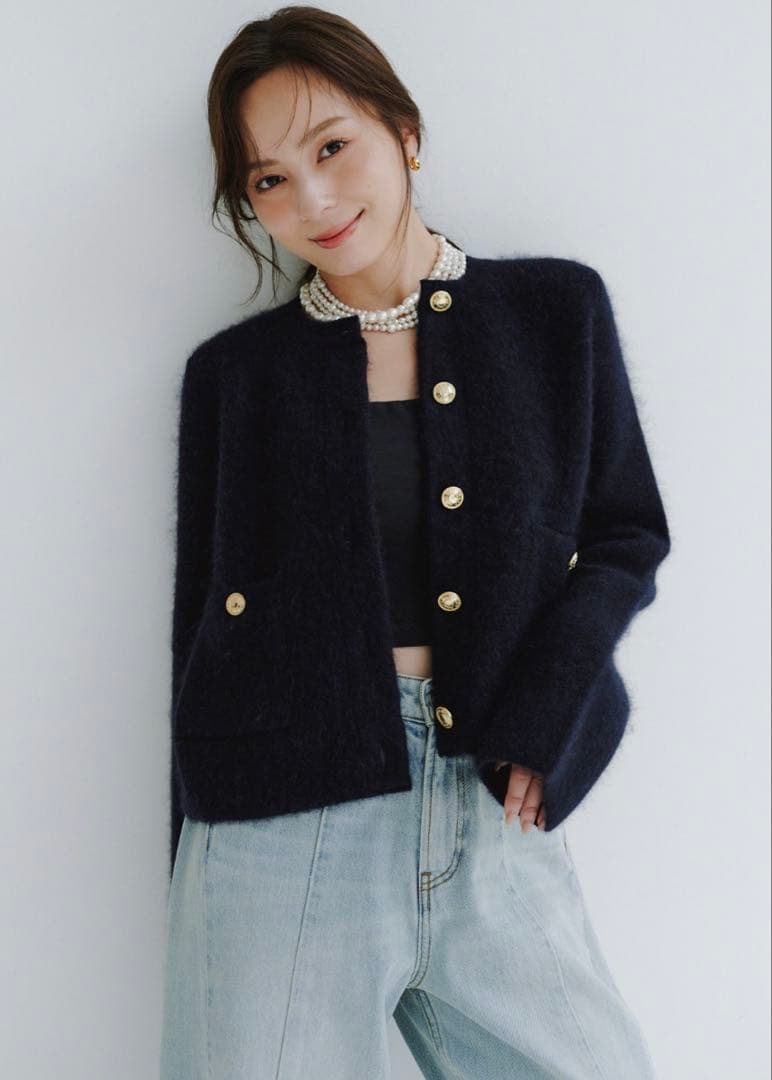 anuans カシミヤブレンドノーカラーニットジャケット アニュアンス