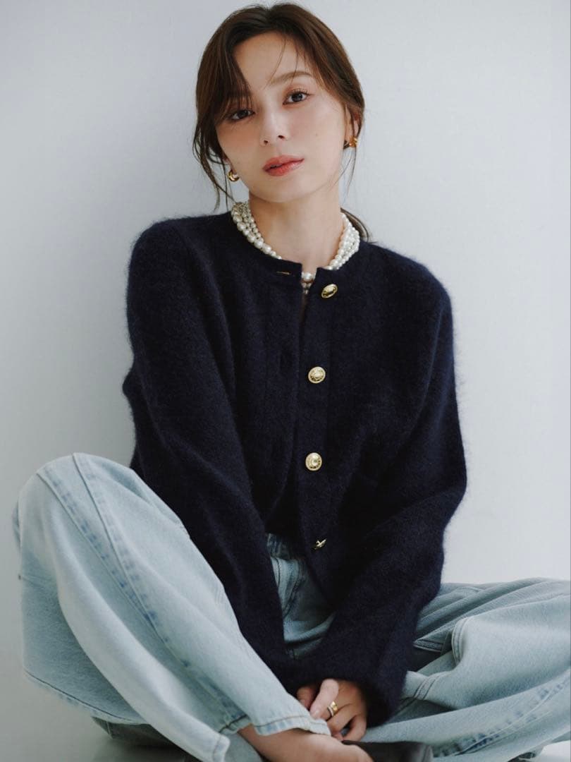 anuans カシミヤブレンドノーカラーニットジャケット アニュアンス