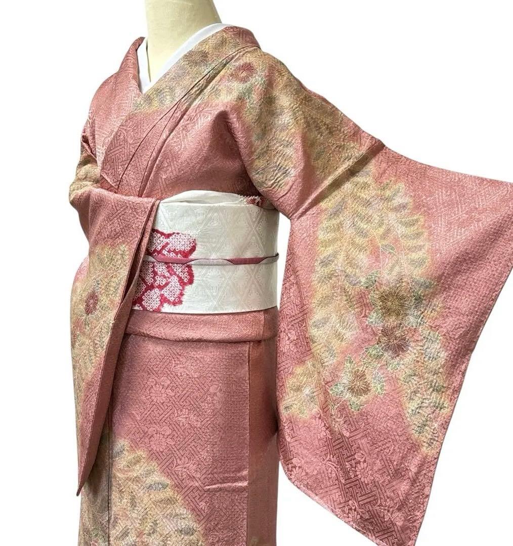 AA8愛華 着物 訪問着　絞り辻け花　曙色 正絹手縫い仕立て　美品