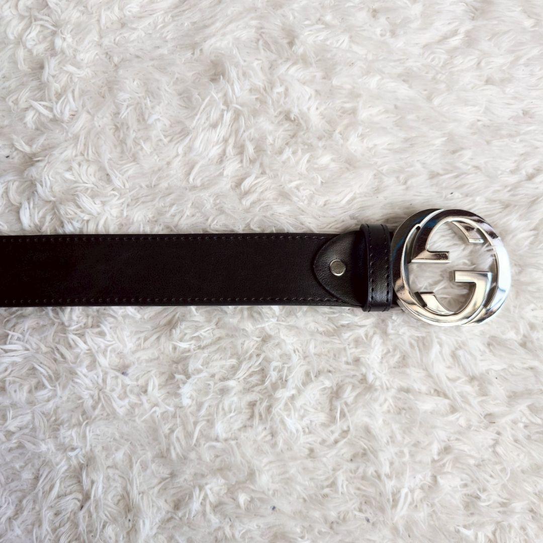 グッチ インターロッキング シルバー バックル レザー ベルト ブラック メンズ