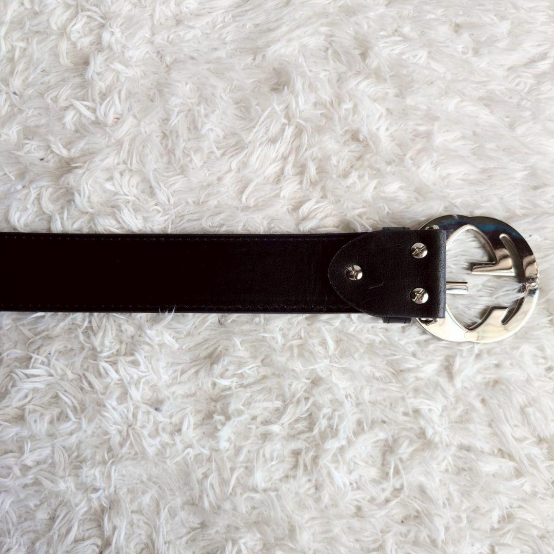 グッチ インターロッキング シルバー バックル レザー ベルト ブラック メンズ