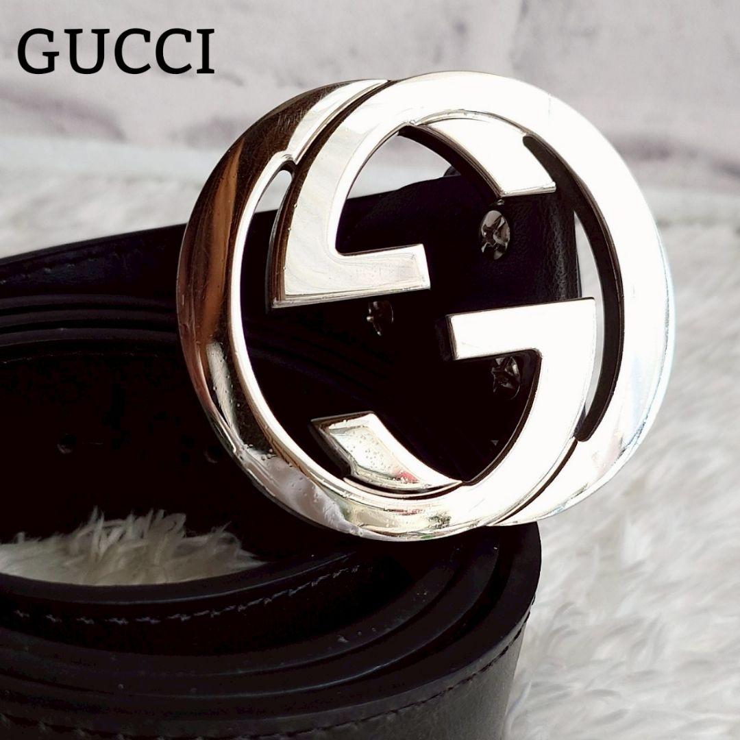 グッチ インターロッキング シルバー バックル レザー ベルト ブラック メンズ