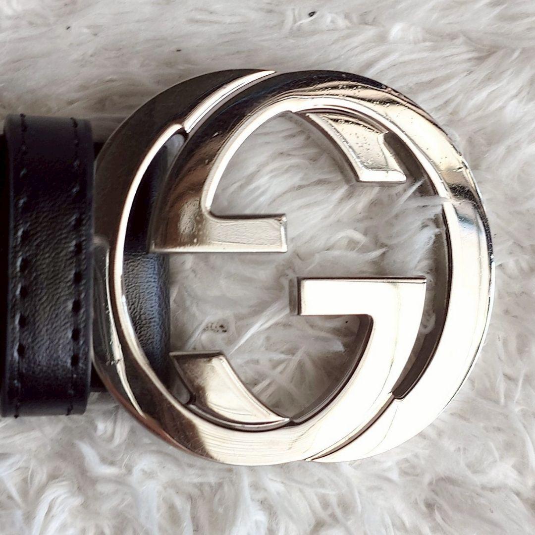グッチ インターロッキング シルバー バックル レザー ベルト ブラック メンズ
