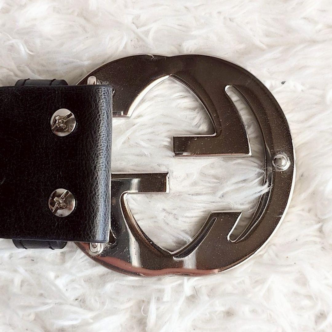 グッチ インターロッキング シルバー バックル レザー ベルト ブラック メンズ