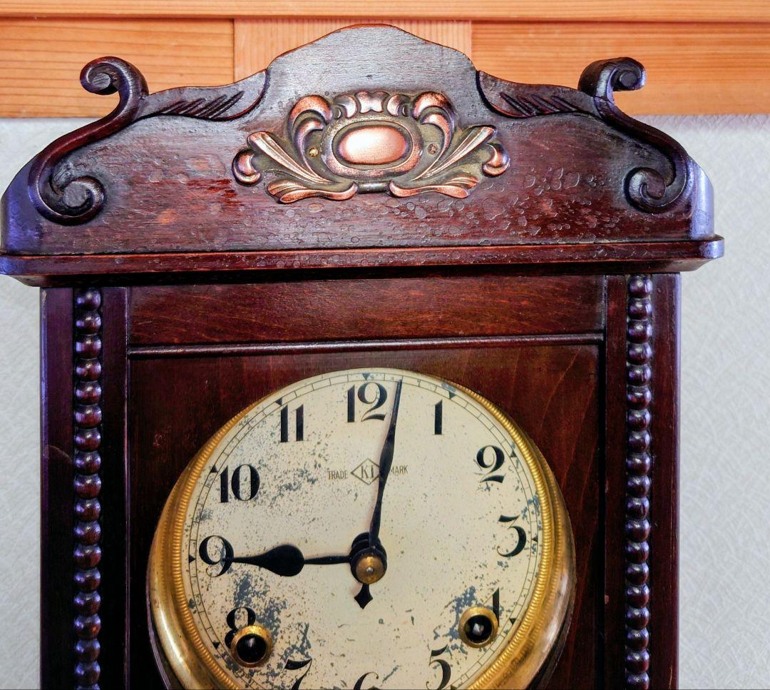 〈完動・美品〉今津菊次郎時計菱KI印　変り装飾ゼンマイ振り子時計