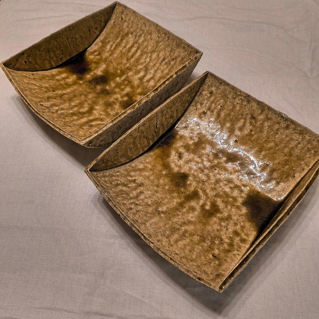 安達健 さん 茶灰釉大舟形鉢 大皿 2客セット