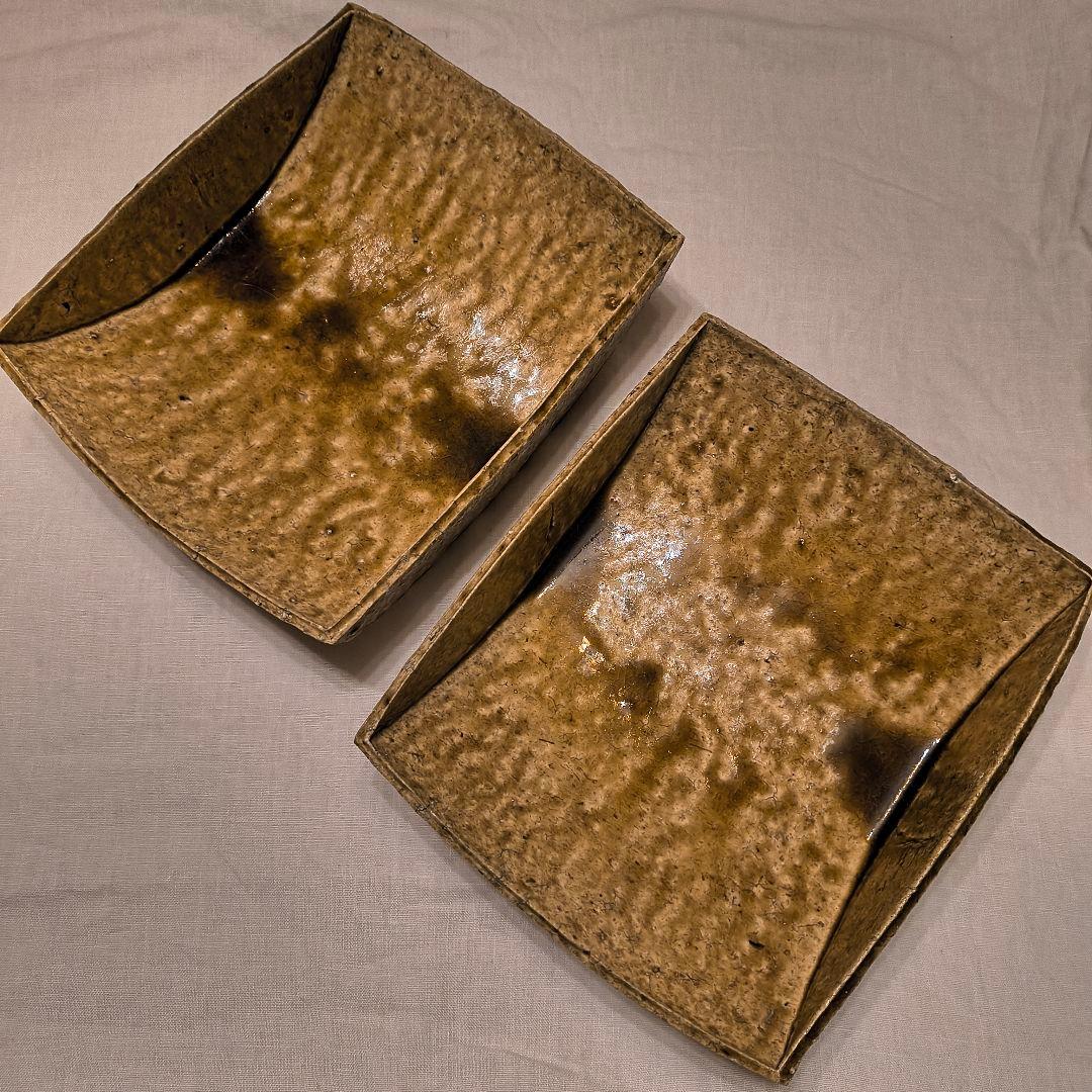 安達健 さん 茶灰釉大舟形鉢 大皿 2客セット