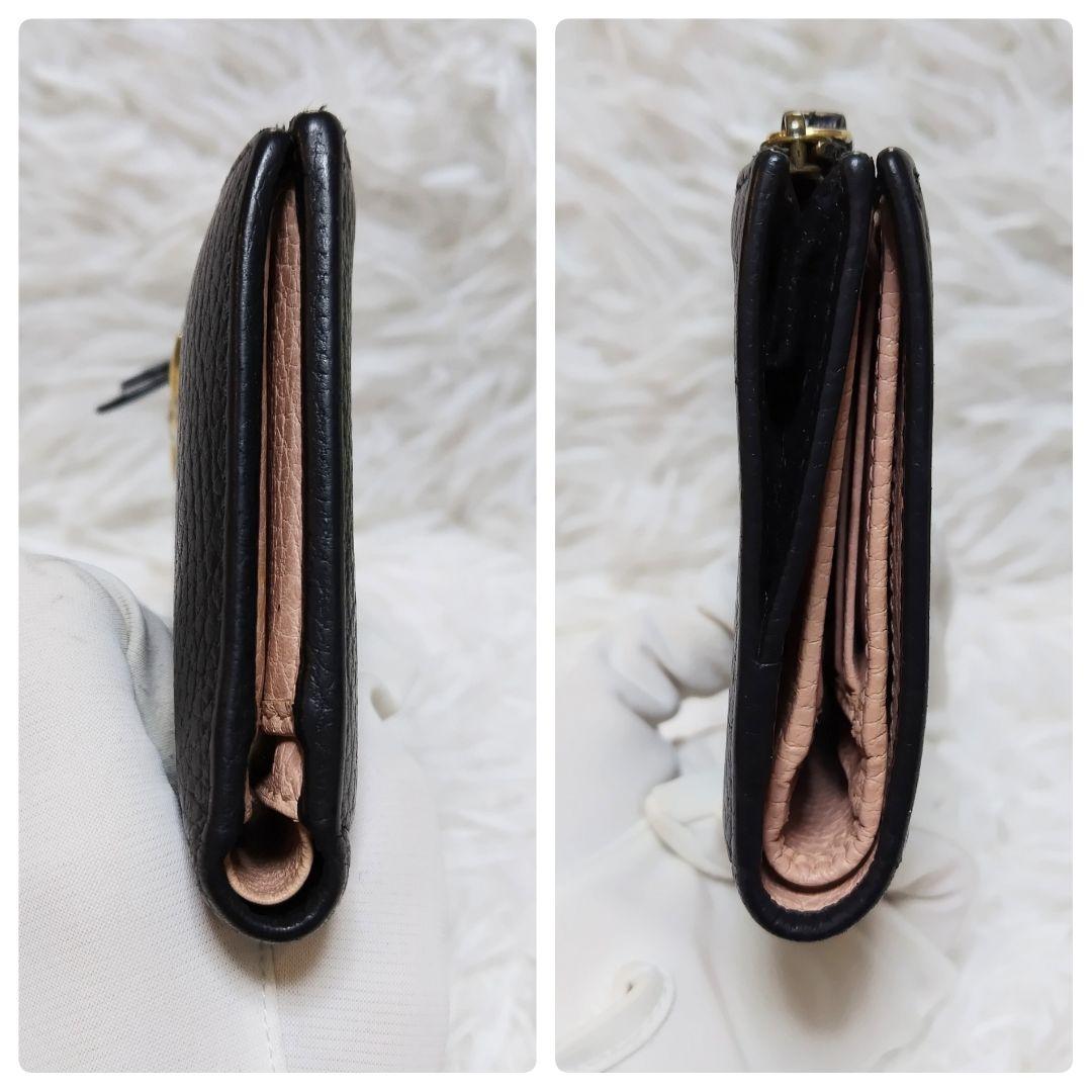 美品✨グッチ◇裏地花柄二つ折り財布　マーモントりぼん　バイカラー黒ピンクベージュ