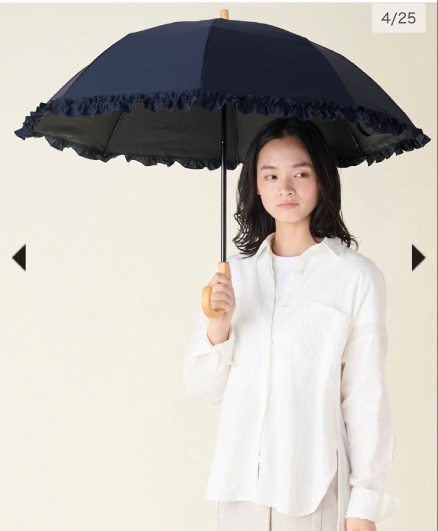 新品サンバリア100未使用2段折フリル木曲がり手元完全遮光日傘二段折ネイビー