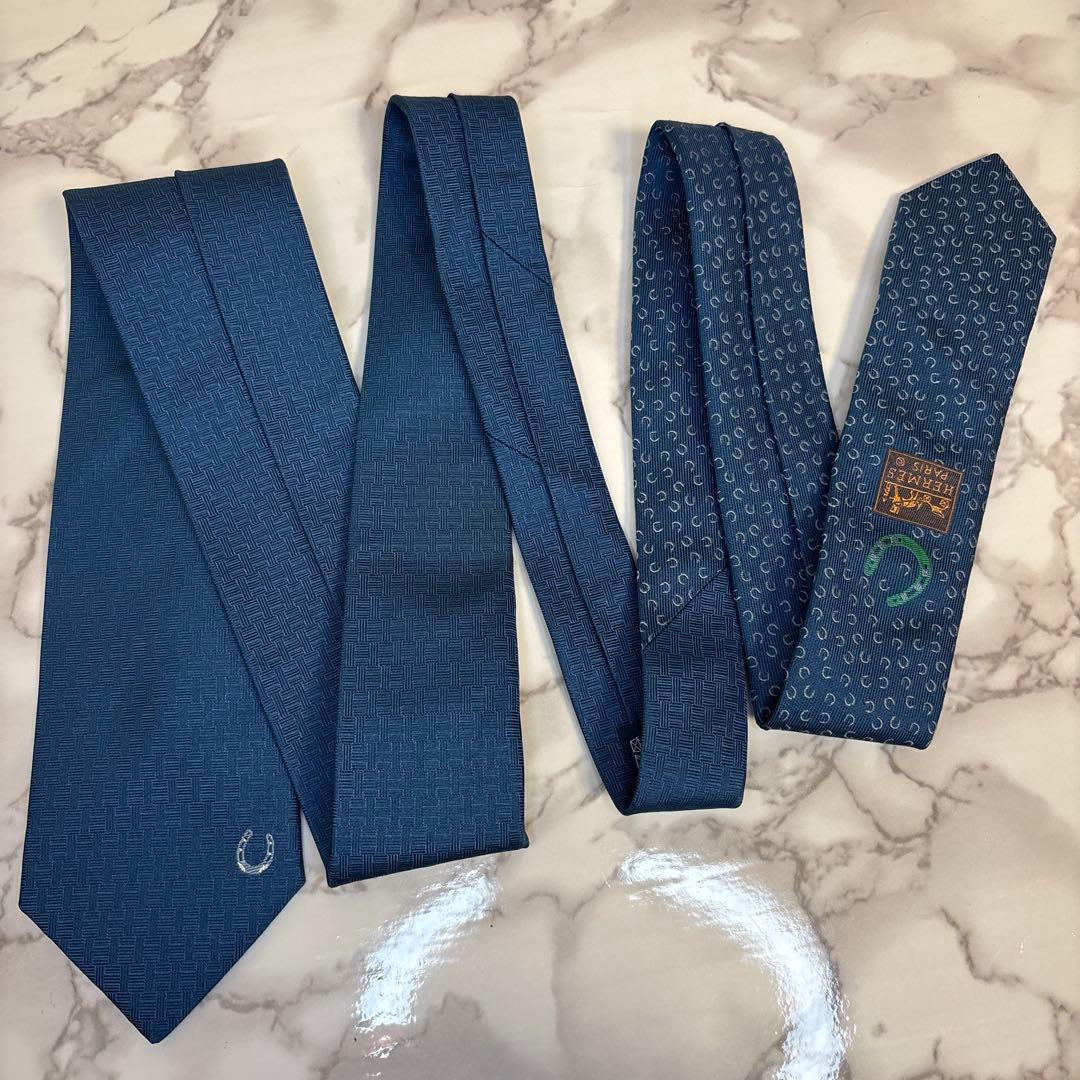 【極美品✨】HERMES ネクタイ　ファソネ　馬蹄　H柄　ネイビー　紺色　刺繍