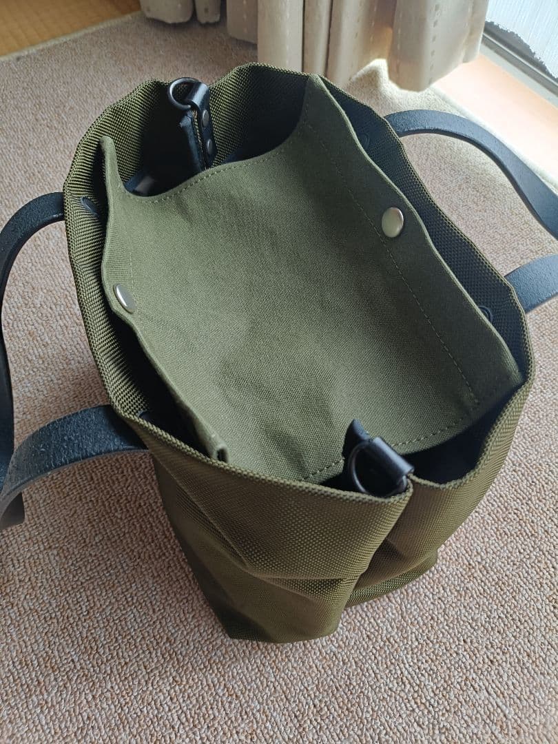 カワニシカバン　ミコＳ持手ロング　カーキ　コーデュラ　栃木レザー　帆布かぶせ蓋付