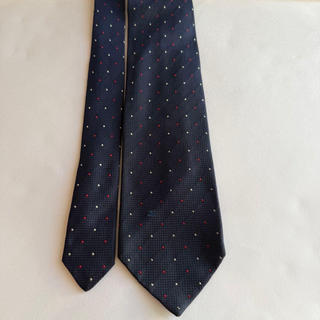 CHANEL シャネル　ネクタイ ネイビー 紺　赤　白　水玉模様　ドット柄