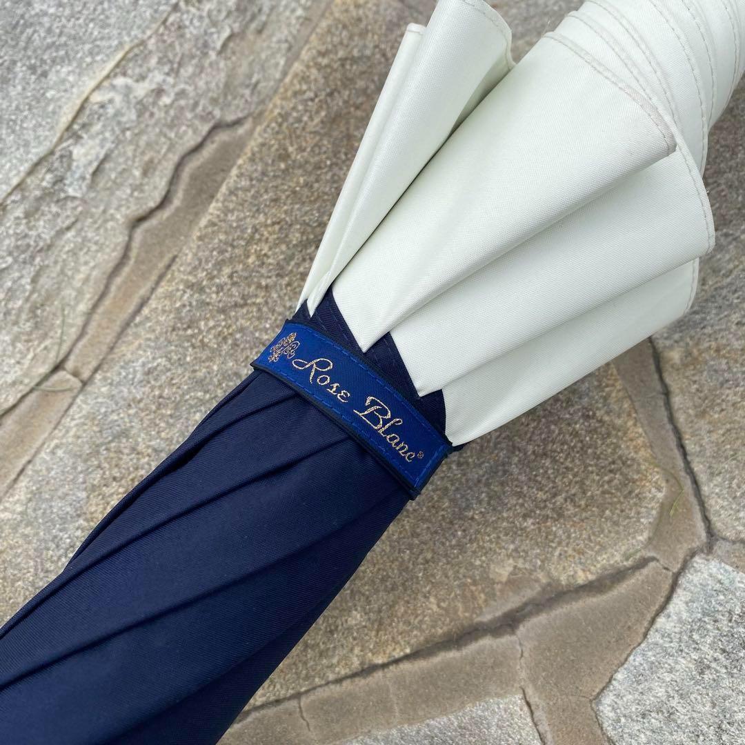 芦屋ロサブラン♡遮光日傘　長傘　ネイビー　紺色　バンブー　持ち手竹　紫外線対策