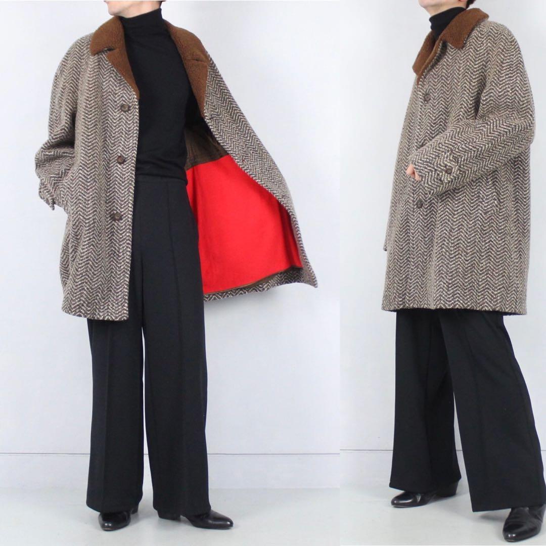 絢爛豪華☆D&Gイタリア製 ブラウンボア ヘリンボーン ウールハーフコート LL