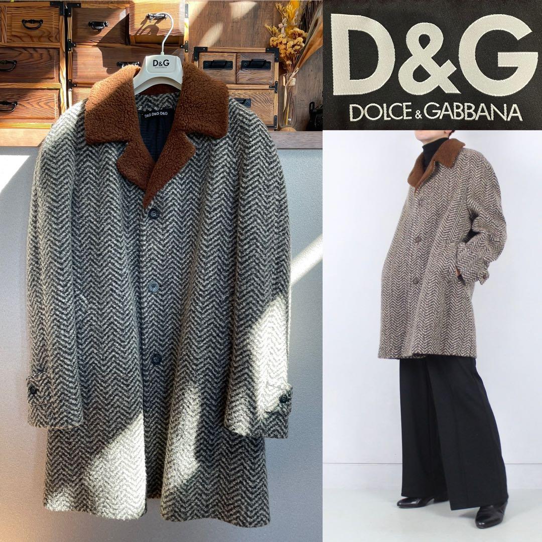 絢爛豪華☆D&Gイタリア製 ブラウンボア ヘリンボーン ウールハーフコート LL