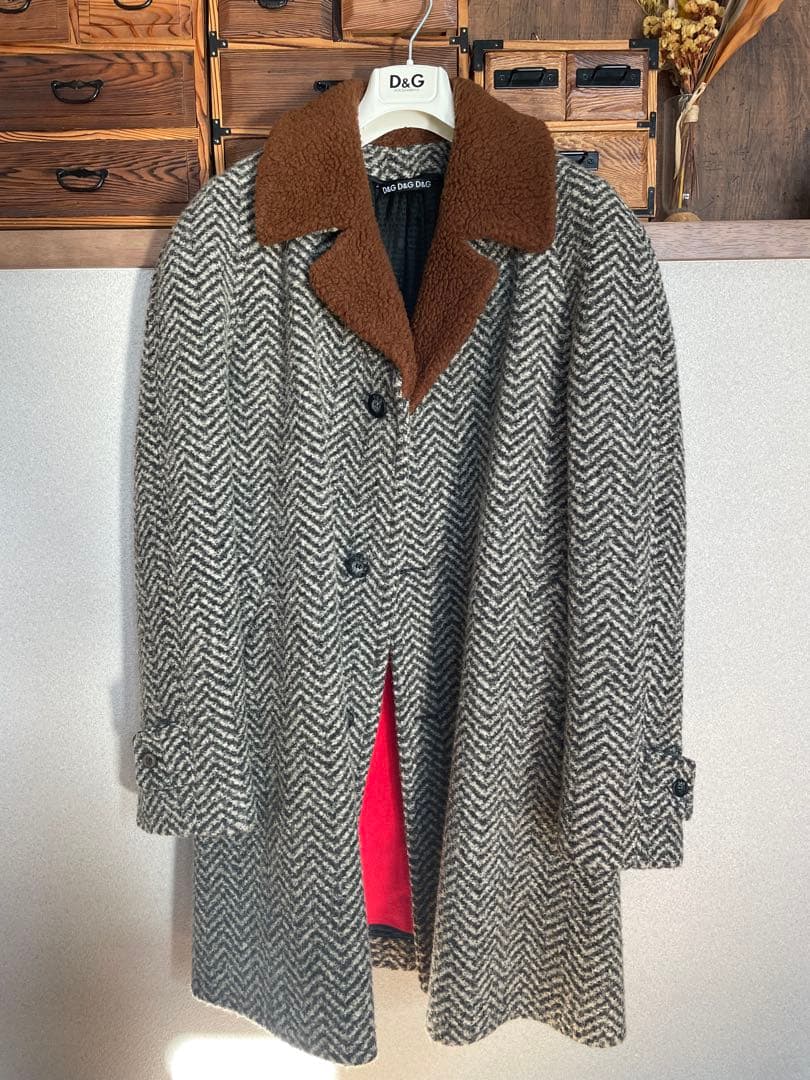 絢爛豪華☆D&Gイタリア製 ブラウンボア ヘリンボーン ウールハーフコート LL