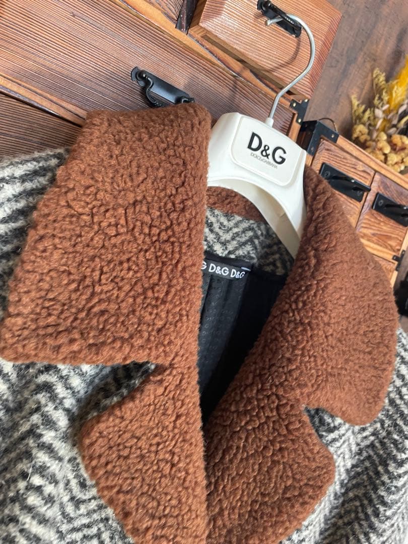 絢爛豪華☆D&Gイタリア製 ブラウンボア ヘリンボーン ウールハーフコート LL