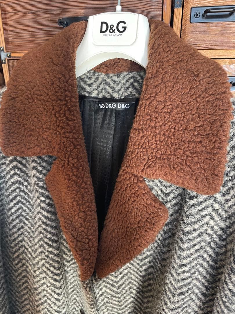 絢爛豪華☆D&Gイタリア製 ブラウンボア ヘリンボーン ウールハーフコート LL