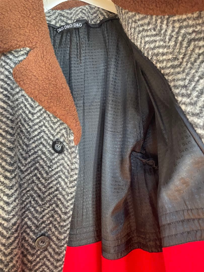 絢爛豪華☆D&Gイタリア製 ブラウンボア ヘリンボーン ウールハーフコート LL