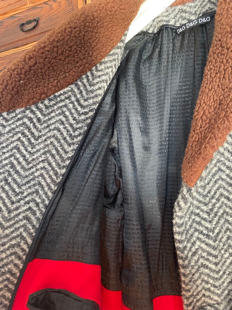 絢爛豪華☆D&Gイタリア製 ブラウンボア ヘリンボーン ウールハーフコート LL