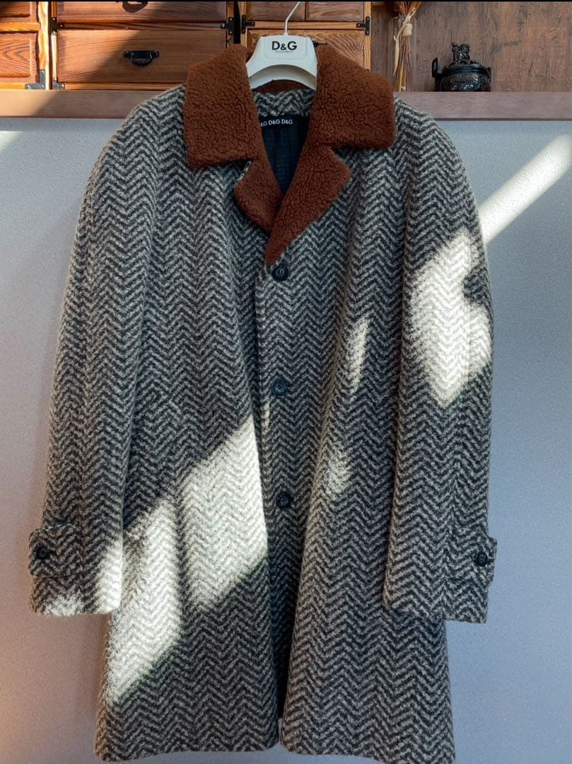 絢爛豪華☆D&Gイタリア製 ブラウンボア ヘリンボーン ウールハーフコート LL