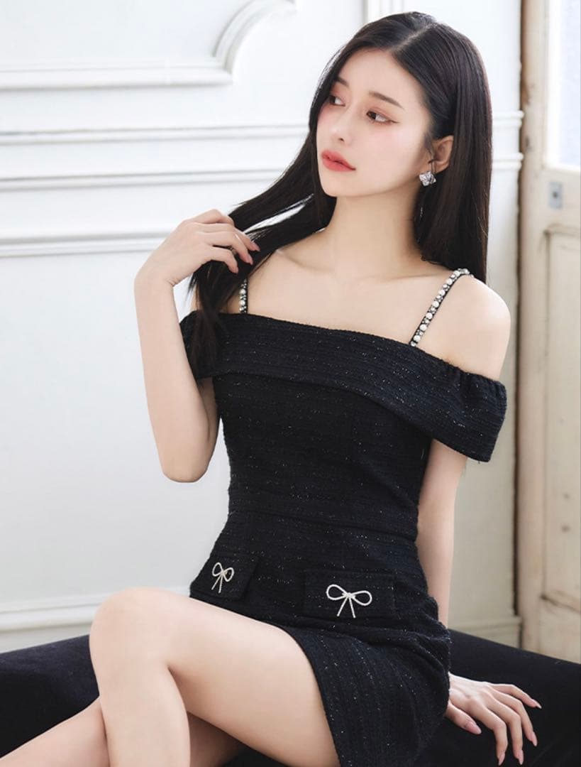 黒 オフショルダー ツイードドレス ミニ丈 Jewels キャバドレス ドレス