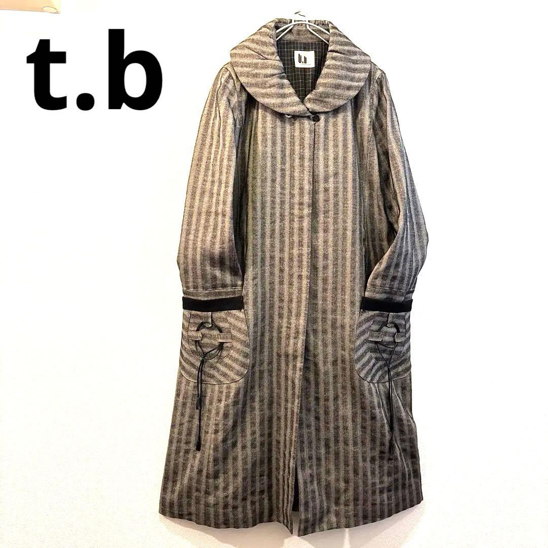 t.b 美品ストライプ ロングコート グレー ブラック