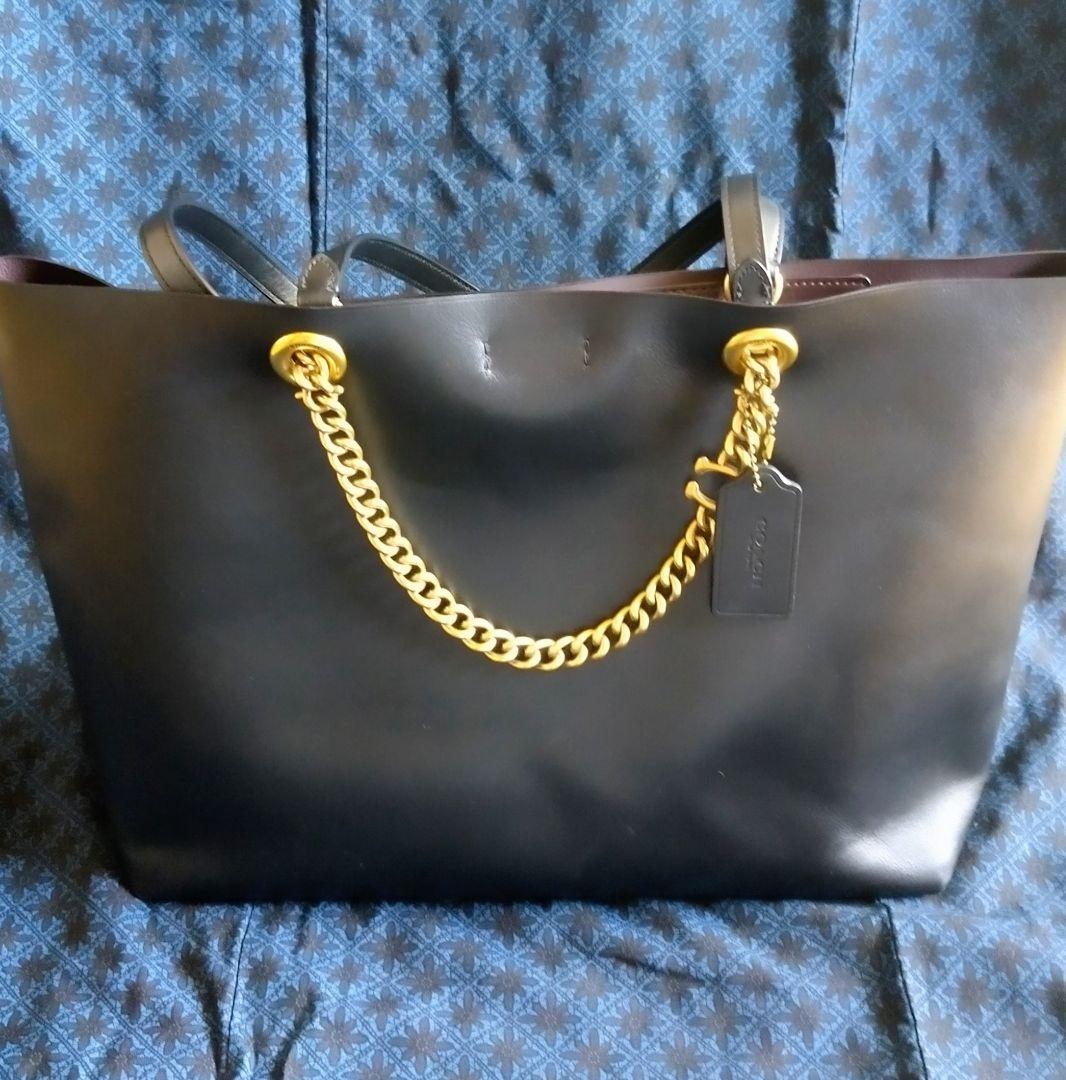 か*り様 COACH ブラックレザートートバッグ ゴールドチェーン付 2way