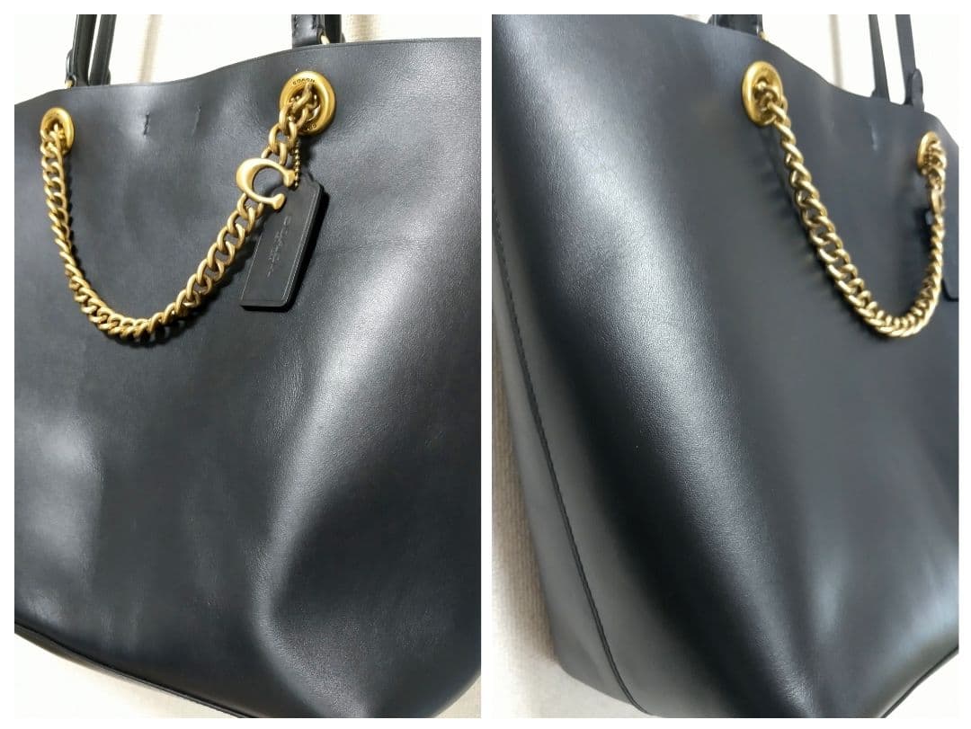か*り様 COACH ブラックレザートートバッグ ゴールドチェーン付 2way