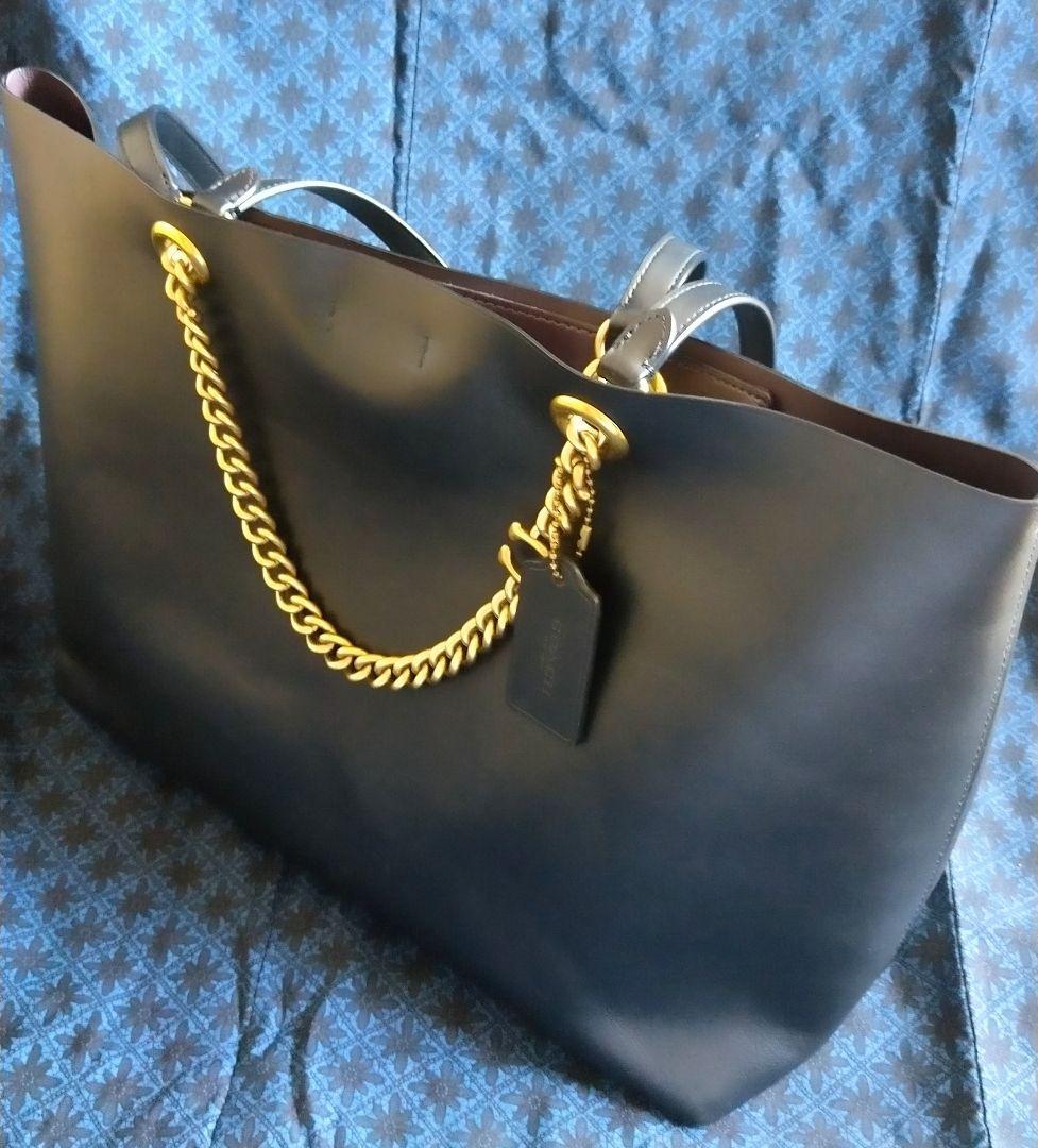 か*り様 COACH ブラックレザートートバッグ ゴールドチェーン付 2way