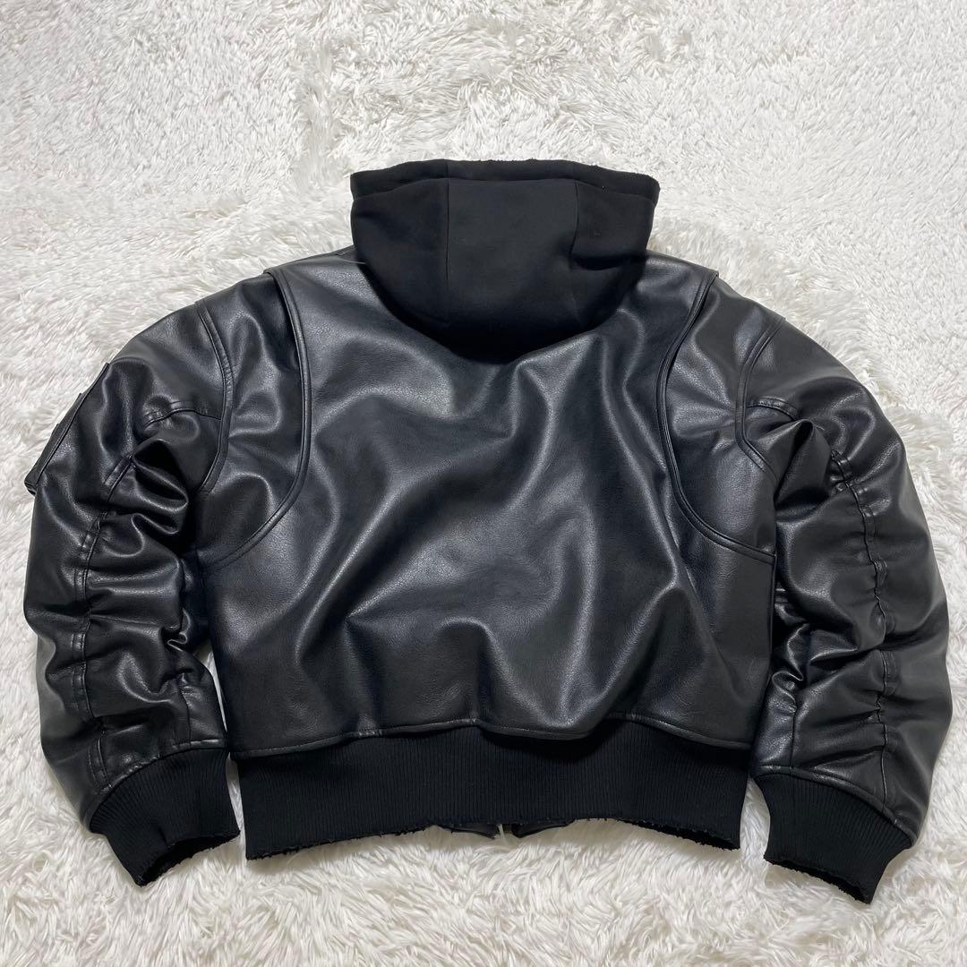 美品　ZARA ザラ コントラストフード付きフェイクレザー ジャケット S 黒