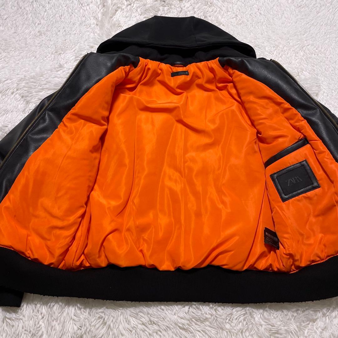 美品　ZARA ザラ コントラストフード付きフェイクレザー ジャケット S 黒