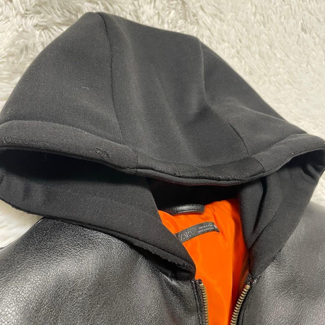 美品　ZARA ザラ コントラストフード付きフェイクレザー ジャケット S 黒