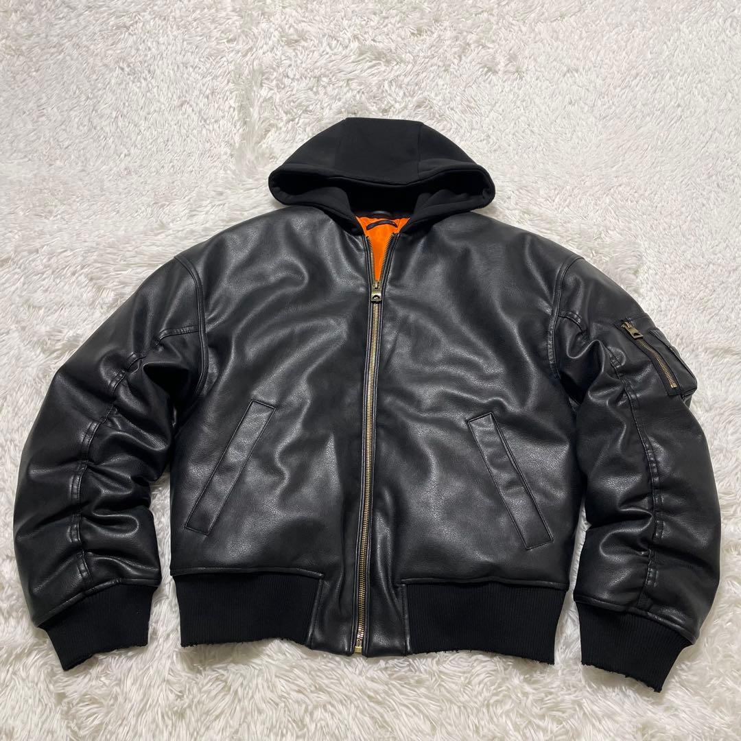 美品　ZARA ザラ コントラストフード付きフェイクレザー ジャケット S 黒