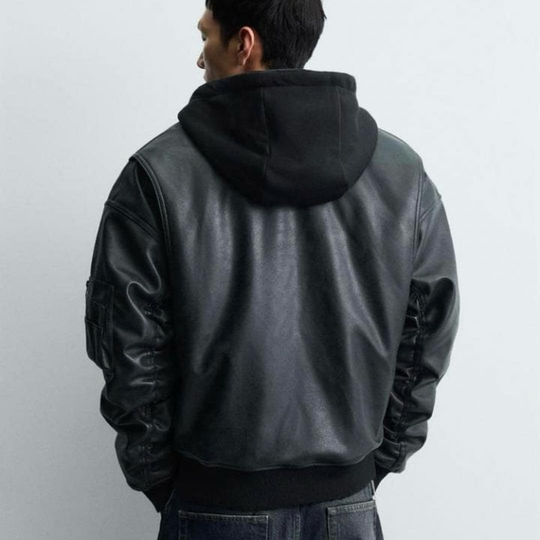 美品　ZARA ザラ コントラストフード付きフェイクレザー ジャケット S 黒