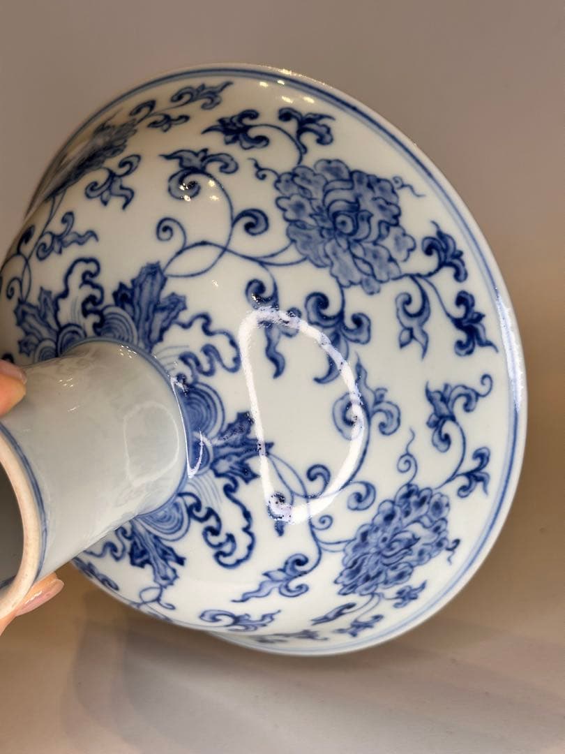 大明正徳年制 底款 高杯 高台 青花染付 花卉文 中国古董品 コレクション