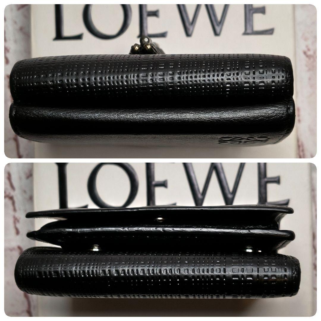 【美品】ロエベ 三つ折り財布 トライフォールド リネン アナグラム 本革／黒A